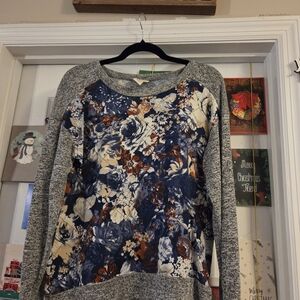 Floral Print Crew Neck Sweater Large By True Self Grey, Floral & Jewels Blue Red